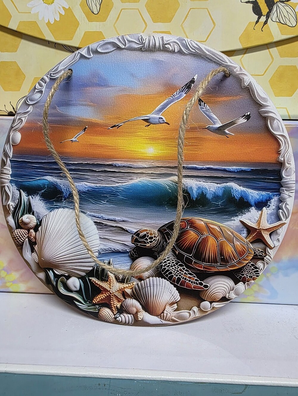 Coastal Sea Turtle Sunset Wall Hanging - Ocean Beach Scene